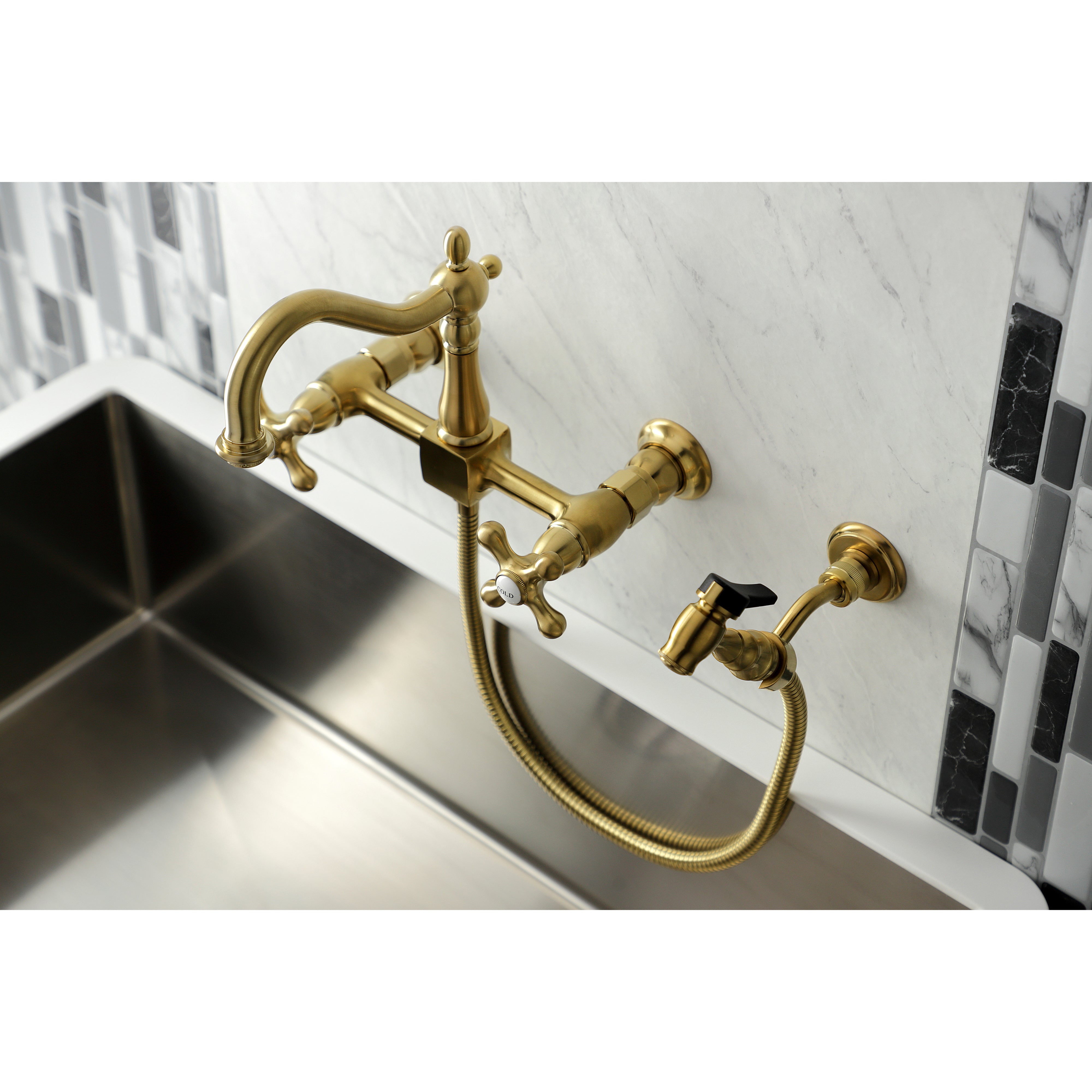 Kingston KS1263AXBS Heritage Two-Handle Wall Mount Bridge Kitchen Faucet with Brass Sprayer, Antique Brass