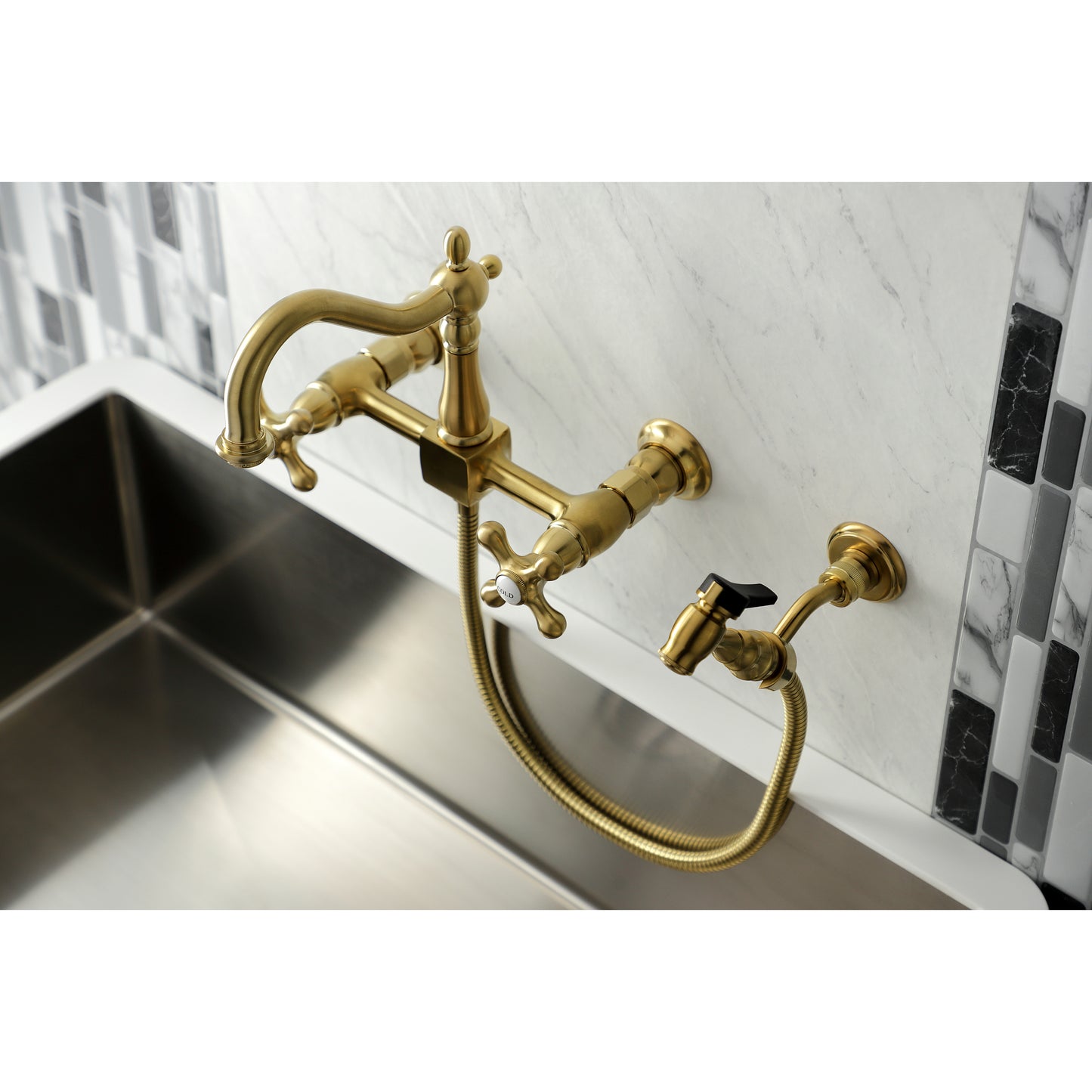 Kingston KS1263AXBS Heritage Two-Handle Wall Mount Bridge Kitchen Faucet with Brass Sprayer, Antique Brass