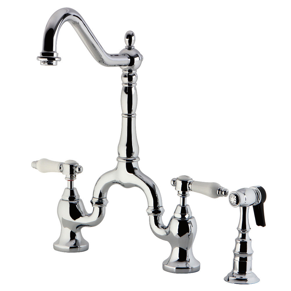 Kingston KS7753BPLBS Bel-Air Bridge Kitchen Faucet with Brass Sprayer, Antique Brass in polished chrome finish