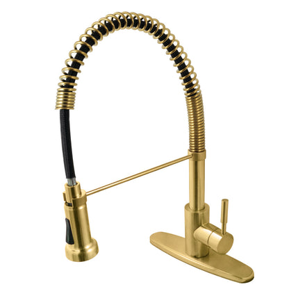 Gourmetier GSY8887DL Concord Single-Handle Deck-Mount Pre-Rinse Kitchen Faucet, Brushed Brass with industrial design.