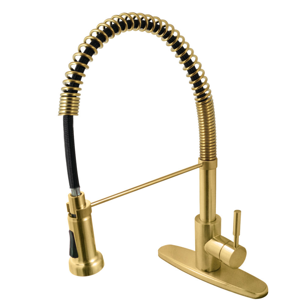 Gourmetier GSY8887DL Concord Single-Handle Deck-Mount Pre-Rinse Kitchen Faucet, Brushed Brass with industrial design.