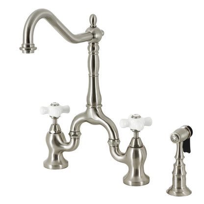 Kingston KS7758PXBS English Country Bridge Kitchen Faucet with Brass Sprayer, Brushed Nickel