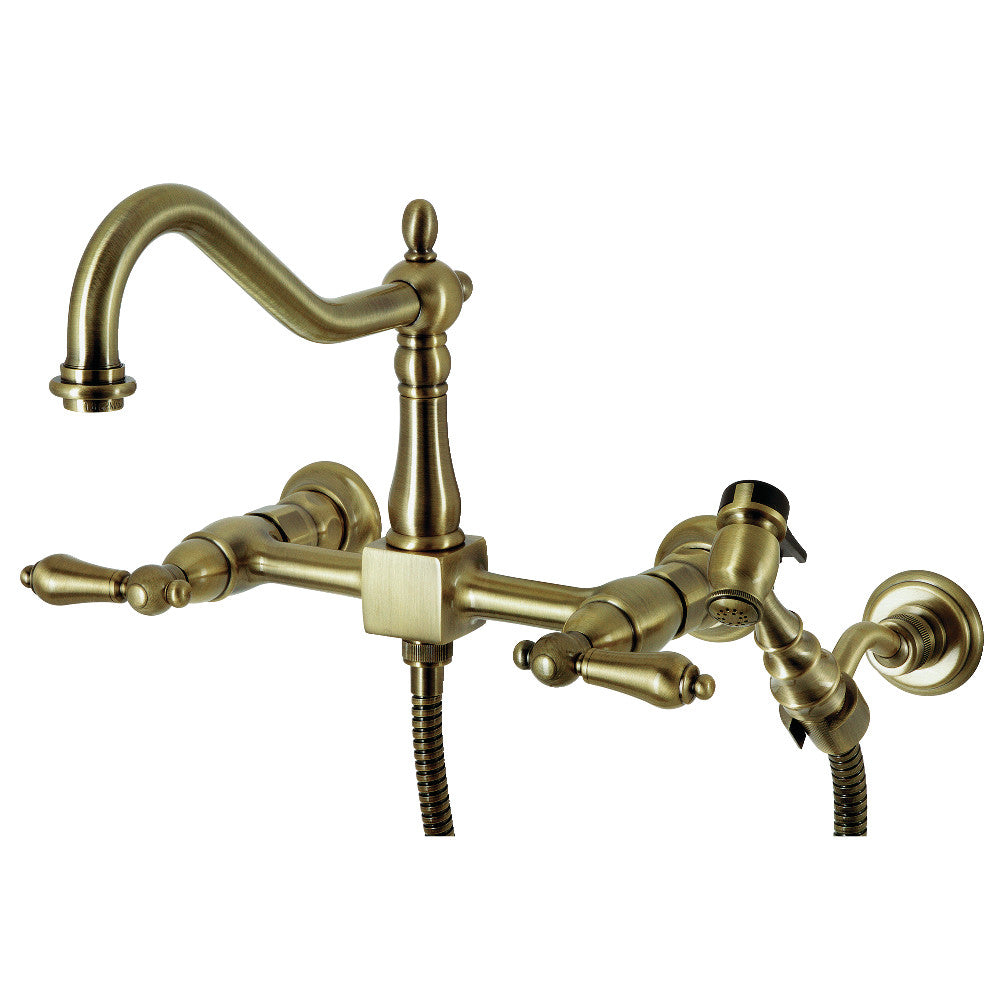 Kingston KS1243ALBS Heritage Two-Handle Wall Mount Bridge Kitchen Faucet with Brass Sprayer, Antique Brass