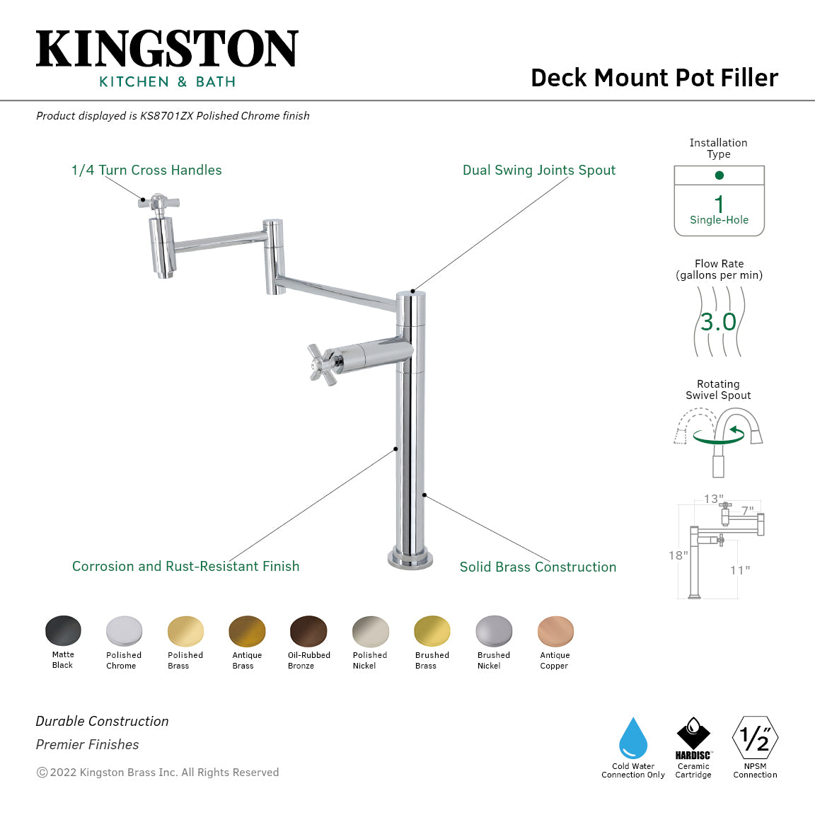 Kingston Brass KS8707ZX Millennium Deck Mount Pot Filler Faucet, Brushed Brass design with dual swing spout, cross handles.