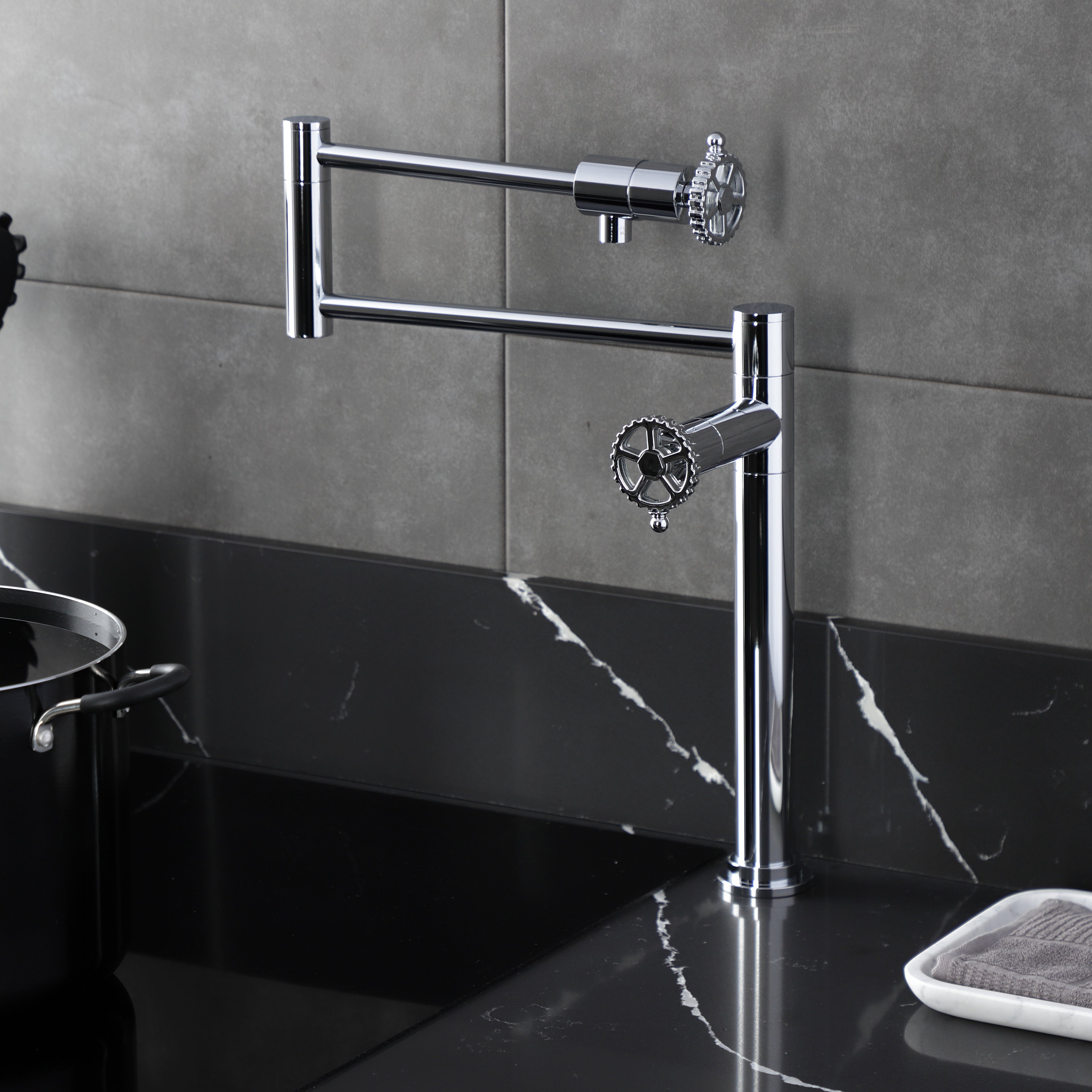 Kingston Brass KS4703CG Fuller Deck Mount Pot Filler Faucet, Antique Brass in kitchen setting.
