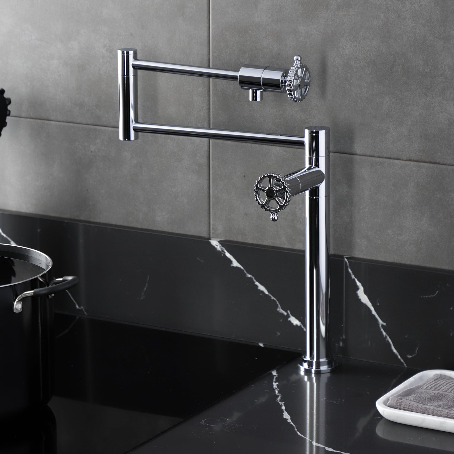 Kingston Brass KS4703CG Fuller Deck Mount Pot Filler Faucet, Antique Brass in kitchen setting.