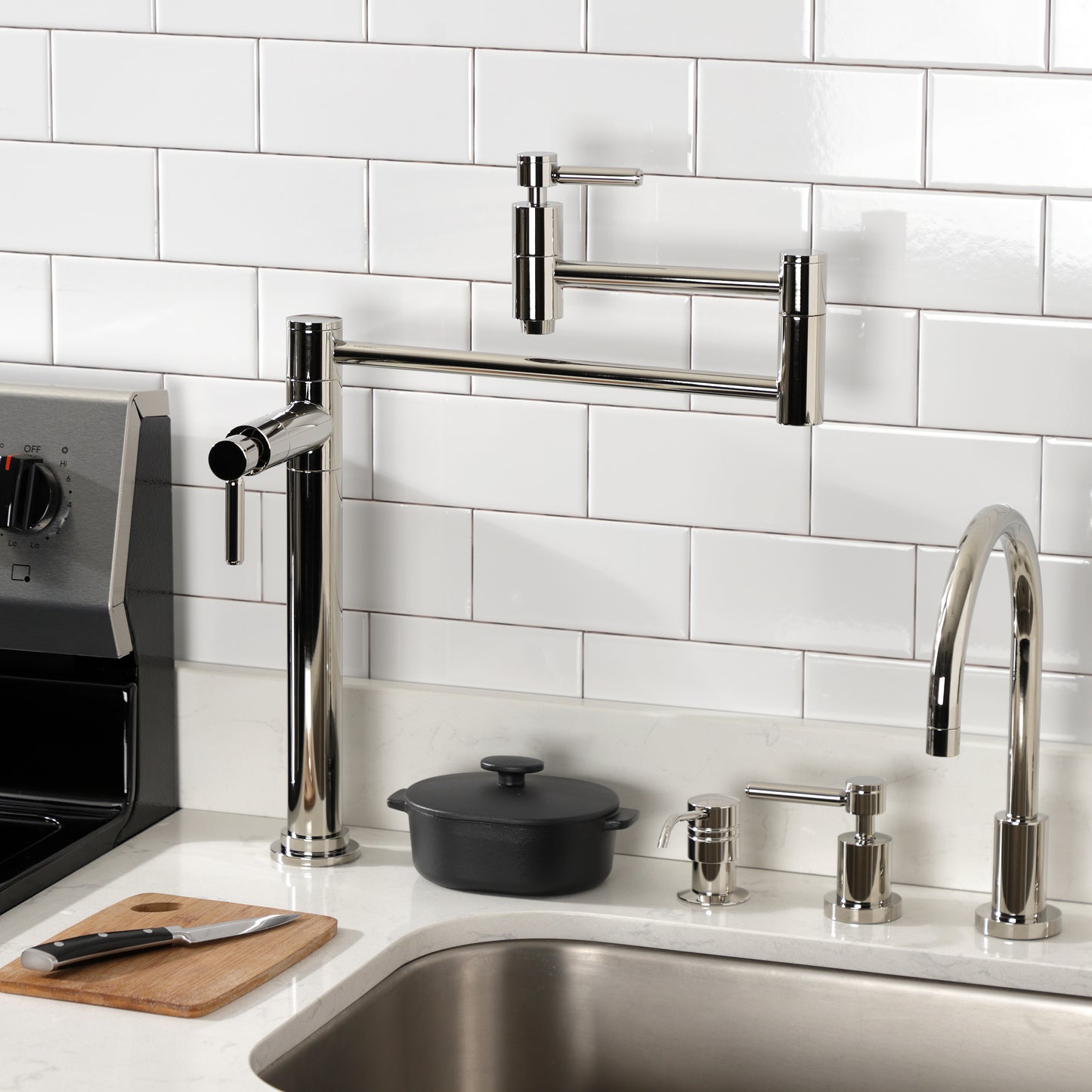 Kingston Brass KS870DLAC Concord Deck Mount Pot Filler Faucet, Antique Copper in a modern kitchen setup.