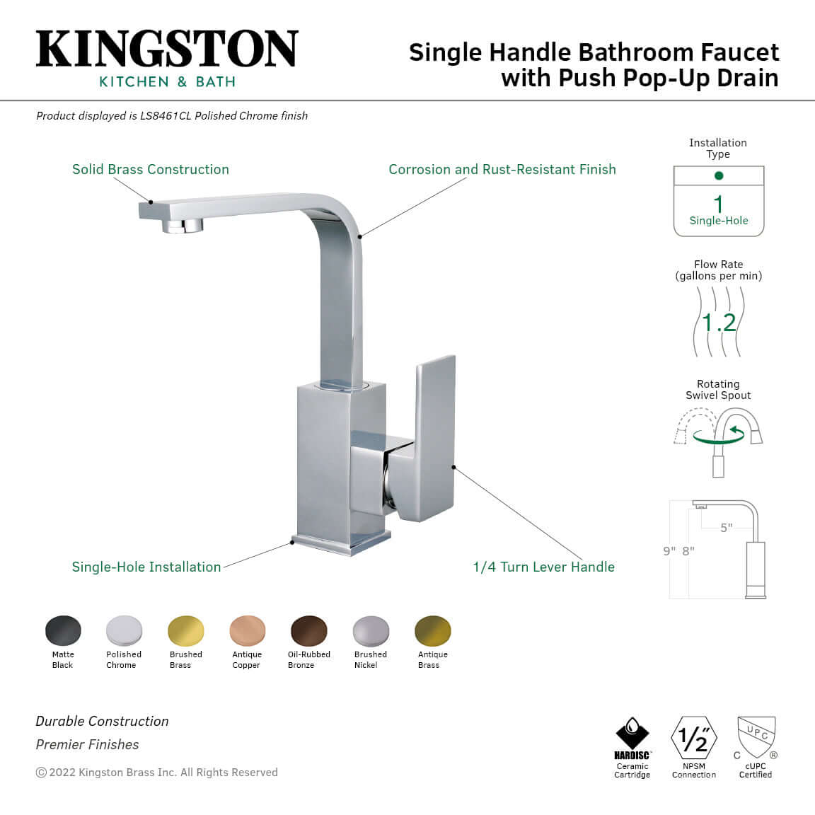 Kingston Brass LS8463CL Claremont One-Handle Single-Hole Bathroom Faucet with Push Pop-Up Drain, Brushed Brass