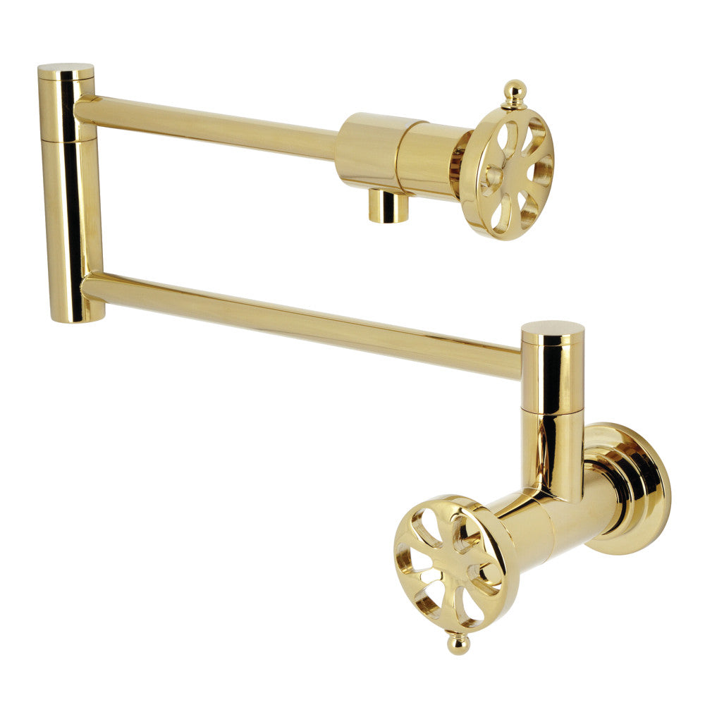Kingston Brass KS4103RX Belknap Wall Mount Pot Filler Faucet, Antique Brass design with foldable swing arms.