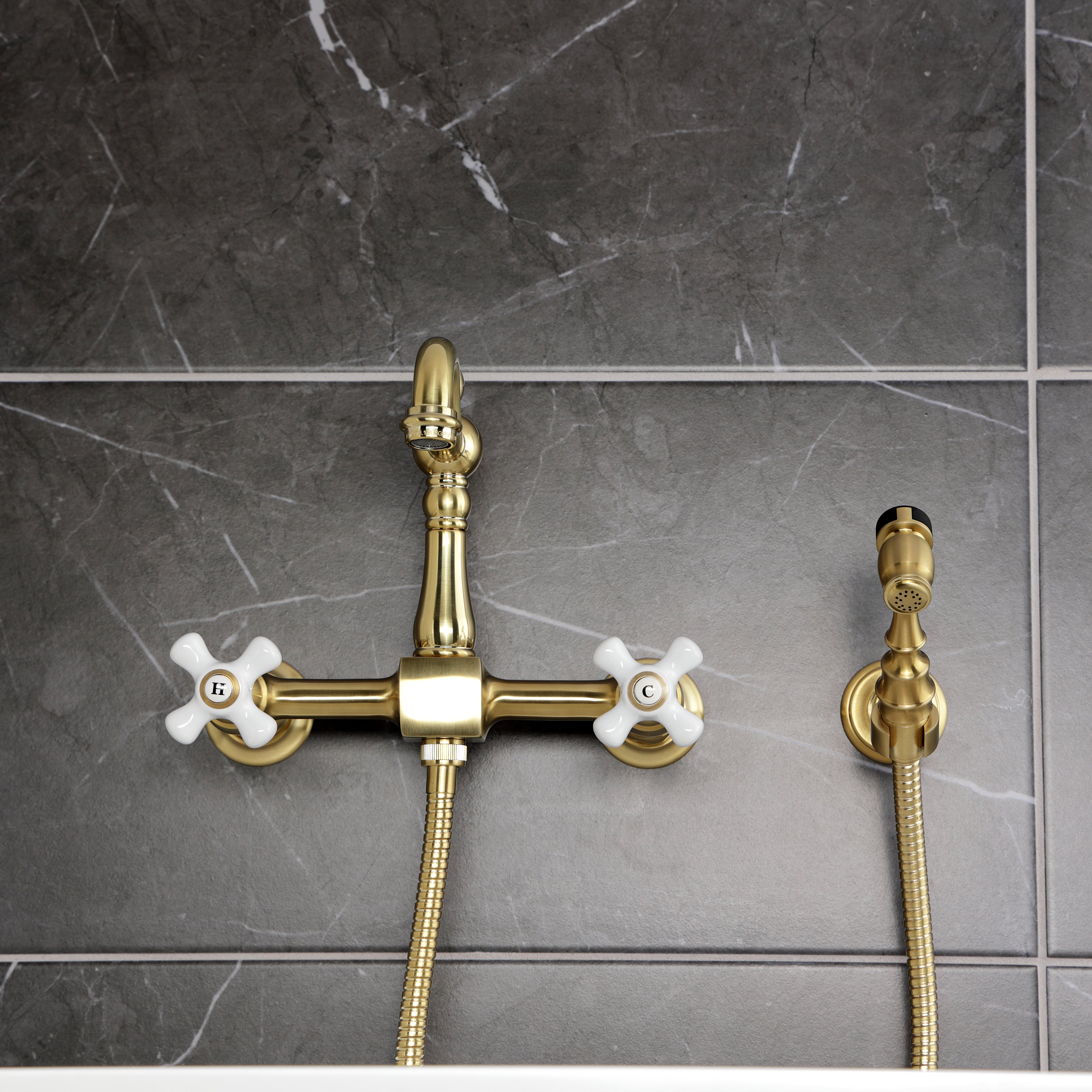 Kingston KS2443PXBS Heritage Two-Handle Wall Mount Bridge Kitchen Faucet with Brass Sprayer, Antique Brass