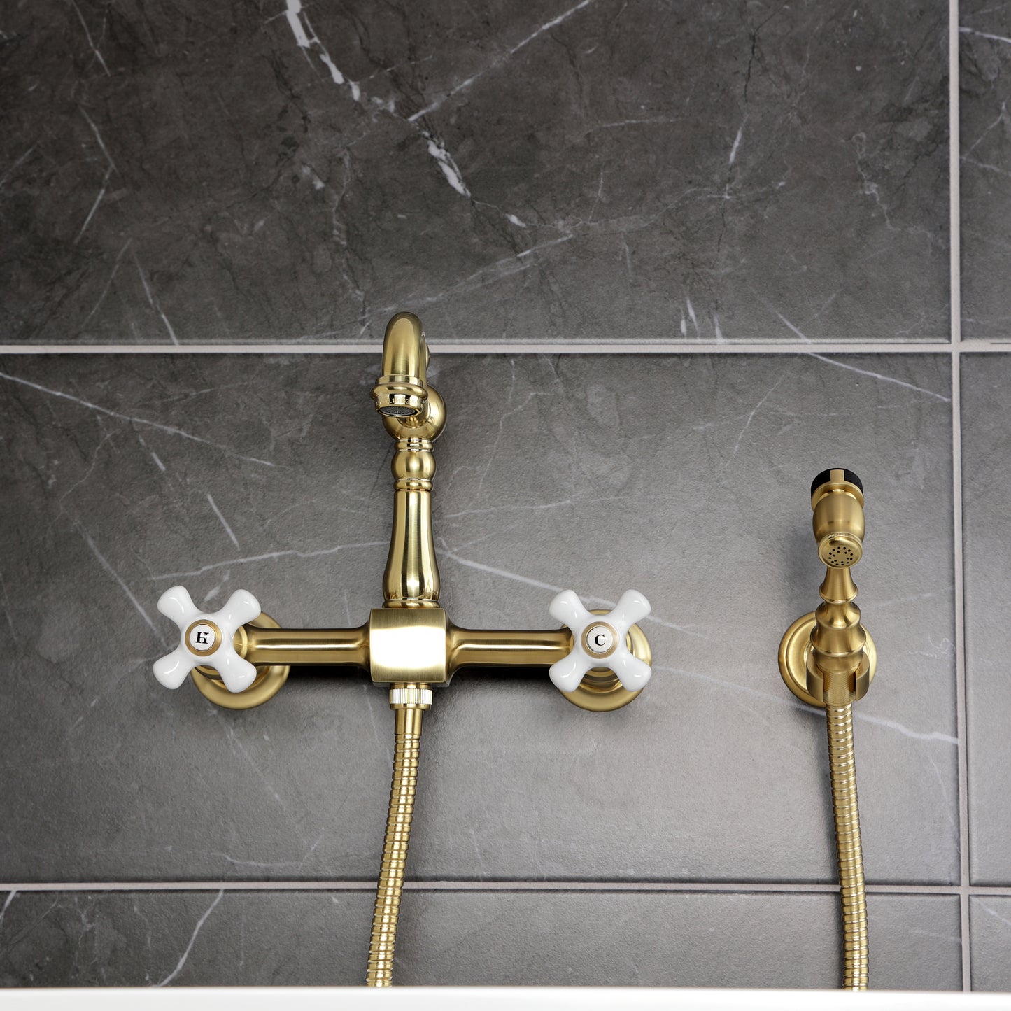 Kingston KS2443PXBS Heritage Two-Handle Wall Mount Bridge Kitchen Faucet with Brass Sprayer, Antique Brass