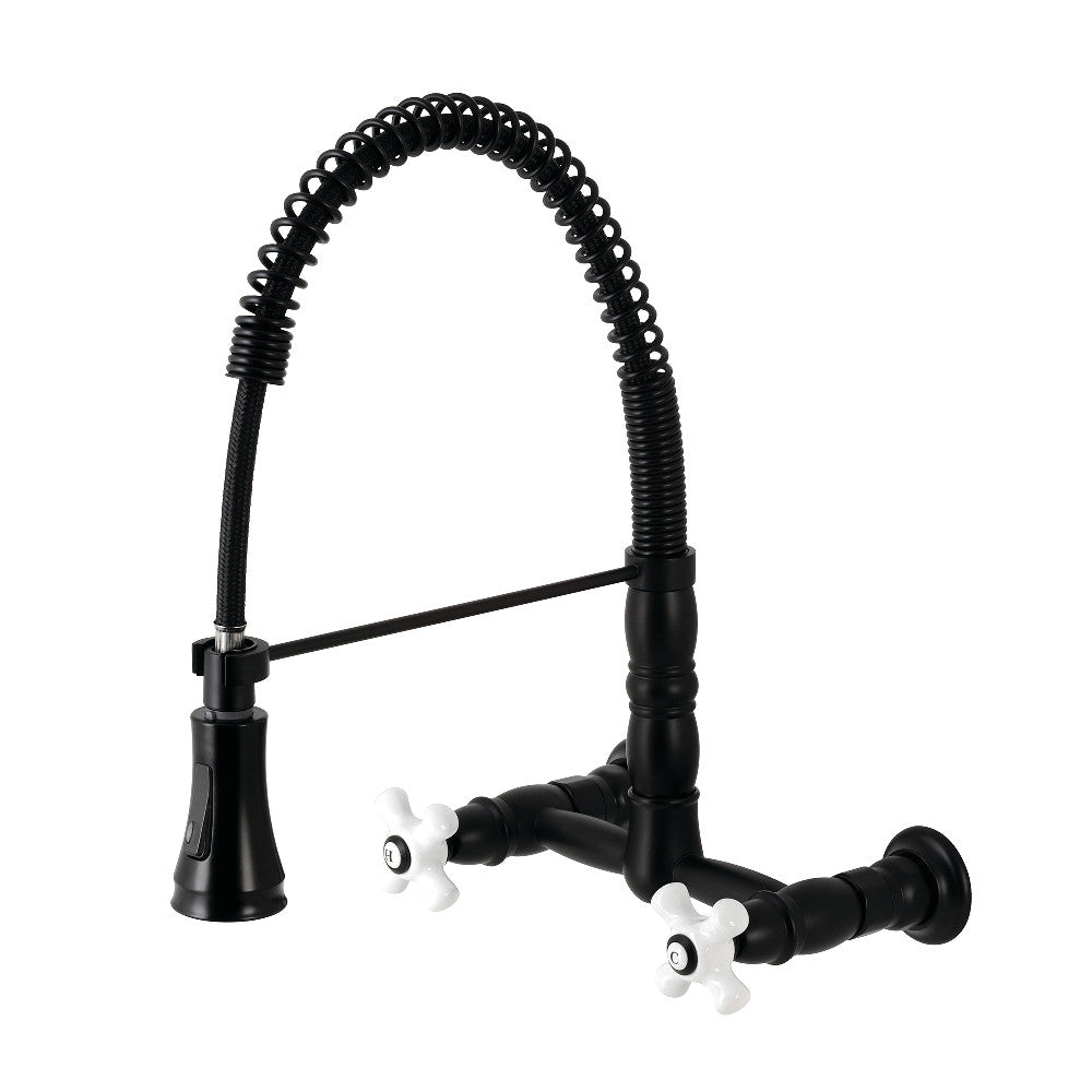 Gourmetier GS1243PX Heritage Double-Handle Wall-Mount Pre-Rinse Bridge Kitchen Faucet, Antique Brass, with black finish and traditional design.