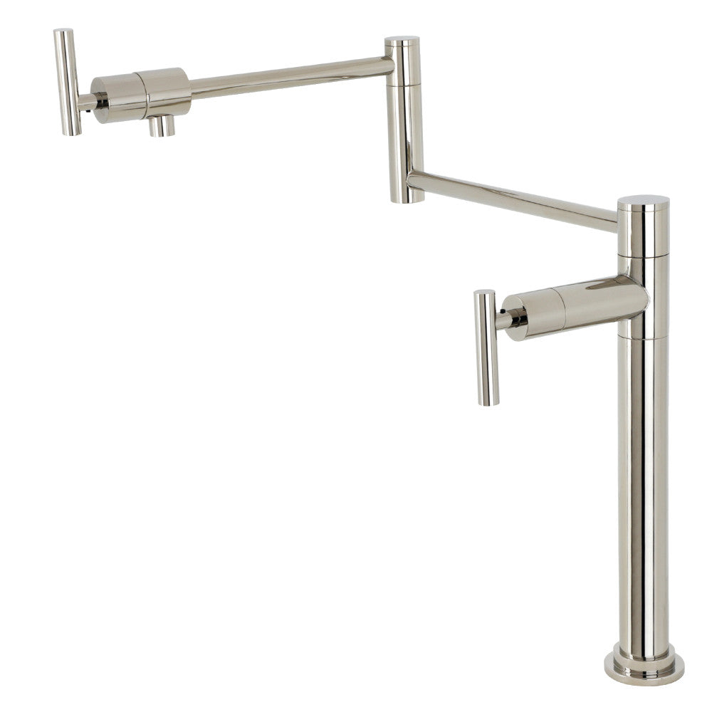 Kingston Brass KS4703CML Manhattan Deck Mount Pot Filler Faucet, Antique Brass, with foldable swing arms in polished nickel finish.
