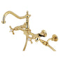 Kingston KS1248BEXBS Essex Two-Handle Wall Mount Bridge Kitchen Faucet with Brass Sprayer, Brushed Nickel, gold finish