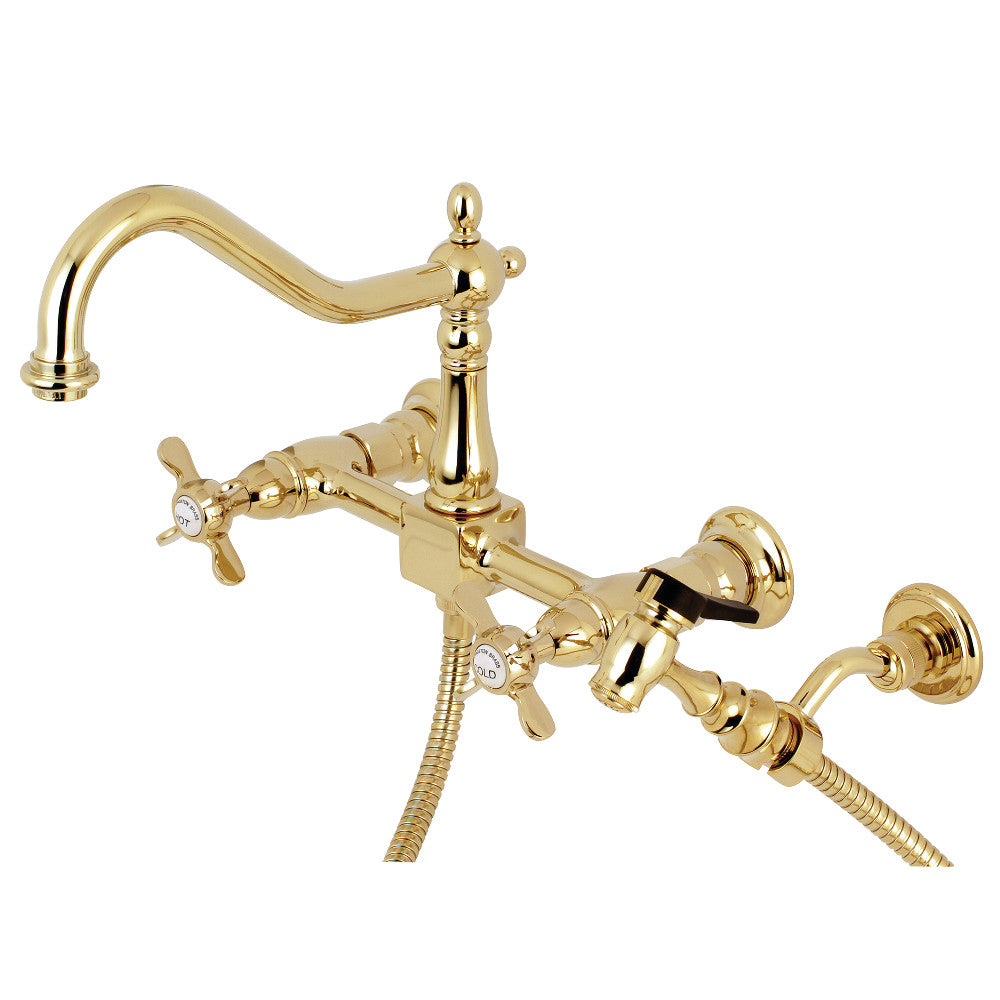 Kingston KS1248BEXBS Essex Two-Handle Wall Mount Bridge Kitchen Faucet with Brass Sprayer, Brushed Nickel, gold finish