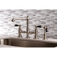 Kingston KS7277PKLBS Duchess Bridge Kitchen Faucet with Brass Sprayer, Brushed Brass in a modern kitchen setting