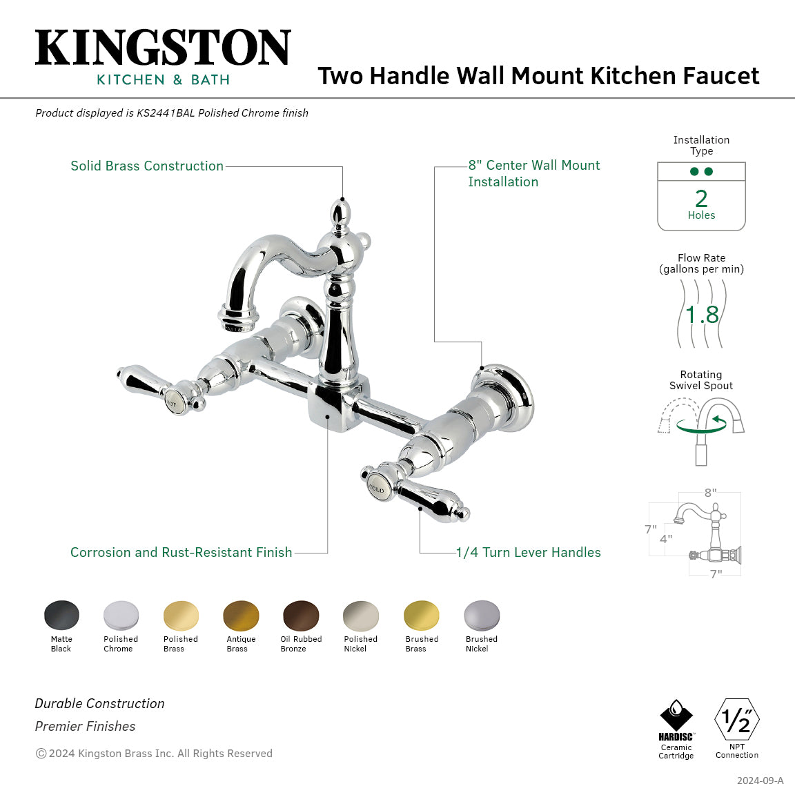 Kingston KS2443BAL Heirloom Two-Handle Wall Mount Bridge Kitchen Faucet, Antique Brass