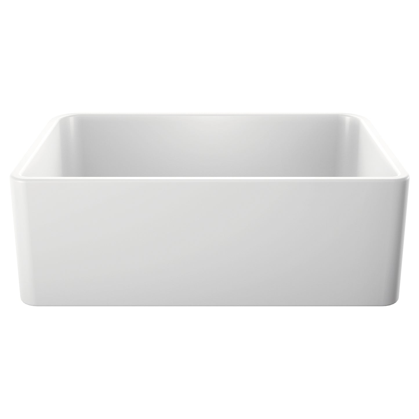 Cerana 30" Fireclay Single Bowl Apron-Front Farmhouse Sink - White view from the side, showcasing its smooth edges and glossy finish.