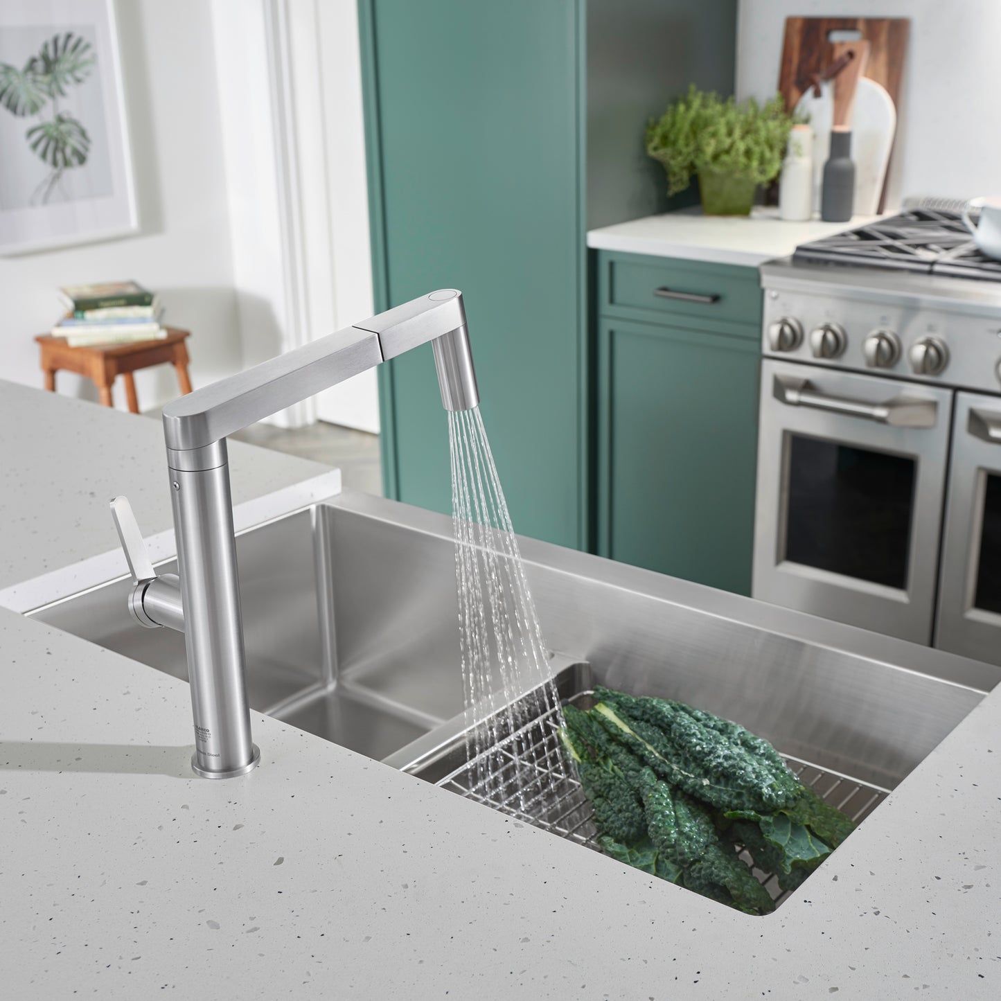 BLANCO Quatrus R15 33" 60/40 Double Bowl Apron-Front Stainless Steel Farmhouse Sink with Low Divide in kitchen