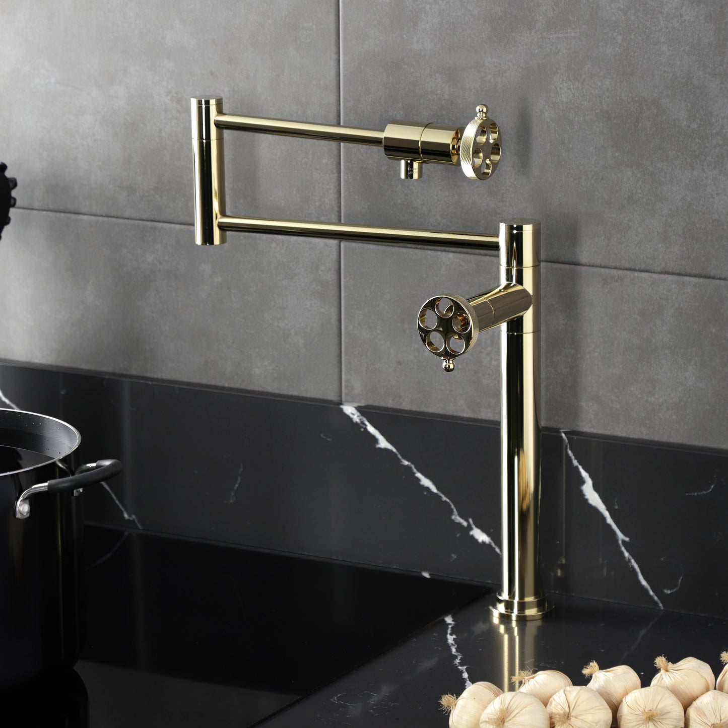 Kingston Brass KS4703RKZ Wendell Deck Mount Pot Filler Faucet with Knurled Handle, Antique Brass