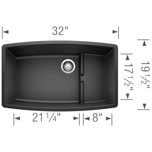 BLANCO Performa Cascade SILGRANIT 32" Single Bowl Undermount Kitchen Sink with Colander dimensions and design layout.