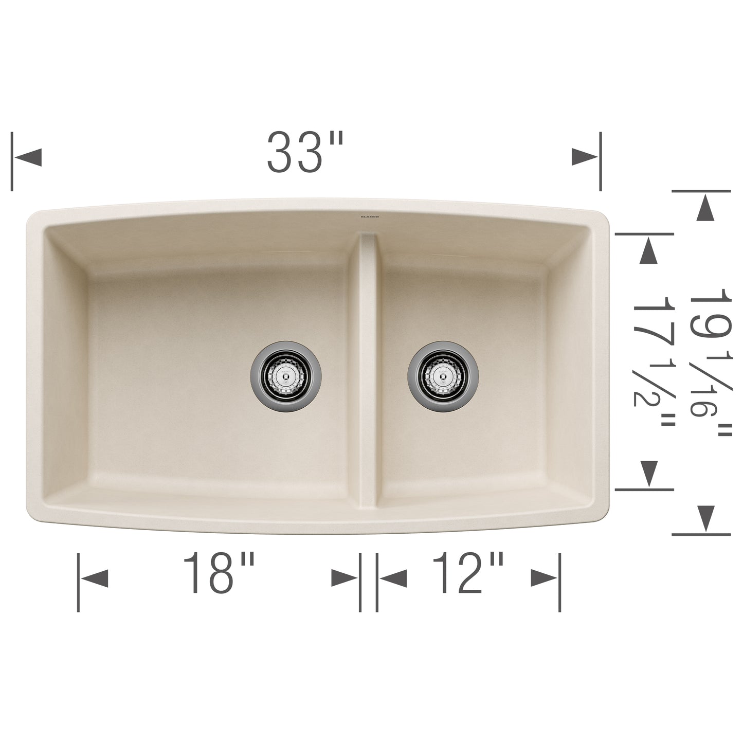 BLANCO Performa SILGRANIT 33" 60/40 Double Bowl Undermount Kitchen Sink with Low Divide dimensions and features.