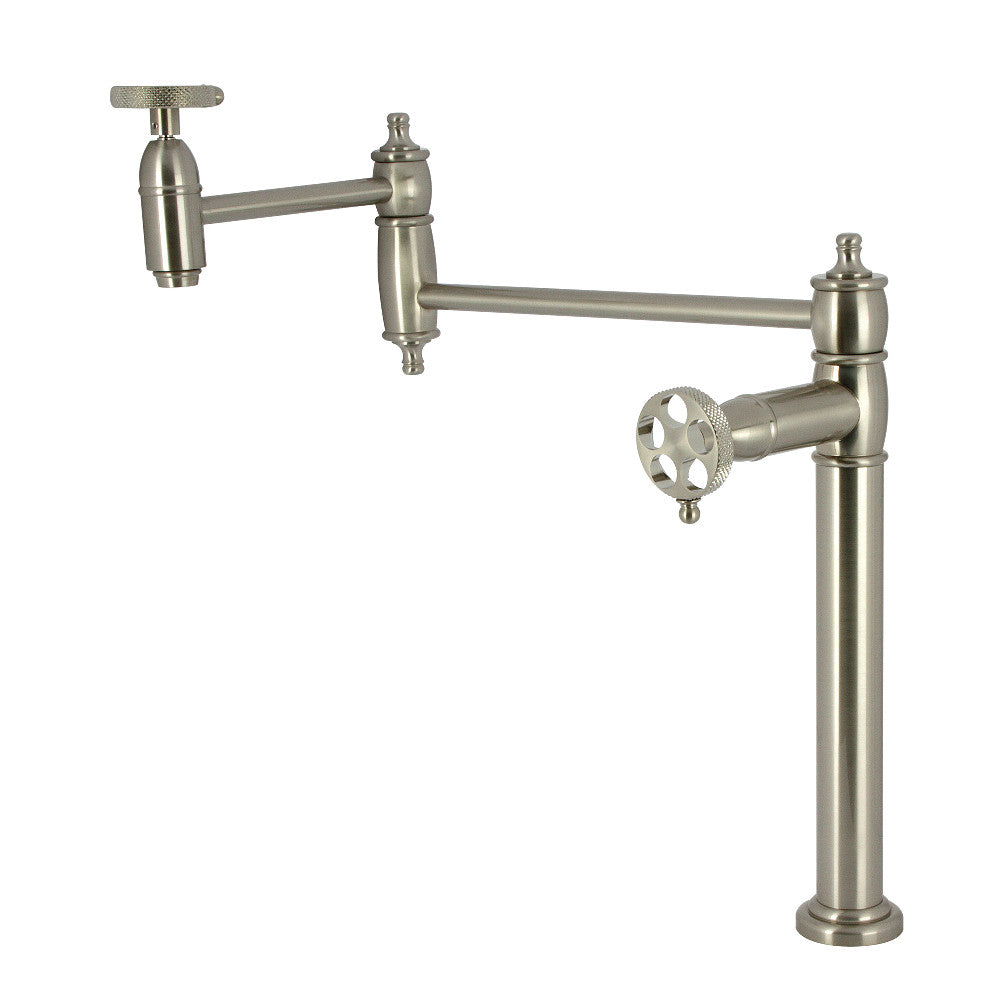 Kingston Brass KS3703RKX Webb Deck Mount Pot Filler Faucet with Knurled Handle, Antique Brass in brushed nickel finish