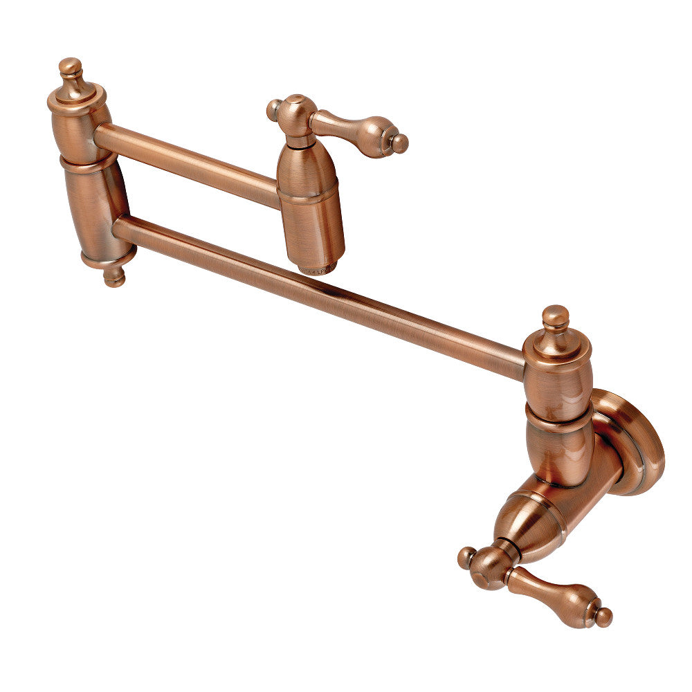 Kingston Brass KS3103AL Restoration Wall Mount Pot Filler Faucet, Antique Brass close-up view with foldable swing arms.