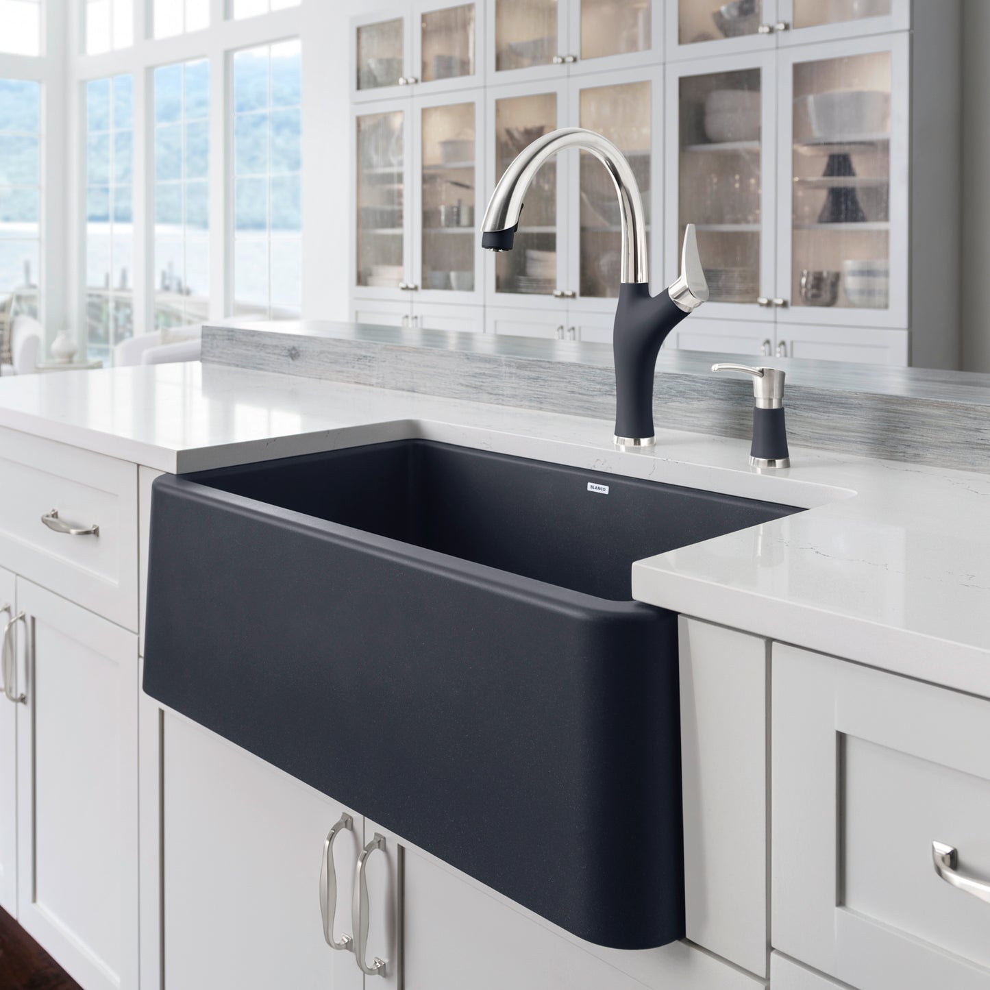 BLANCO Ikon SILGRANIT 30" Single Bowl Apron-Front Farmhouse Sink in modern kitchen with sleek faucet.