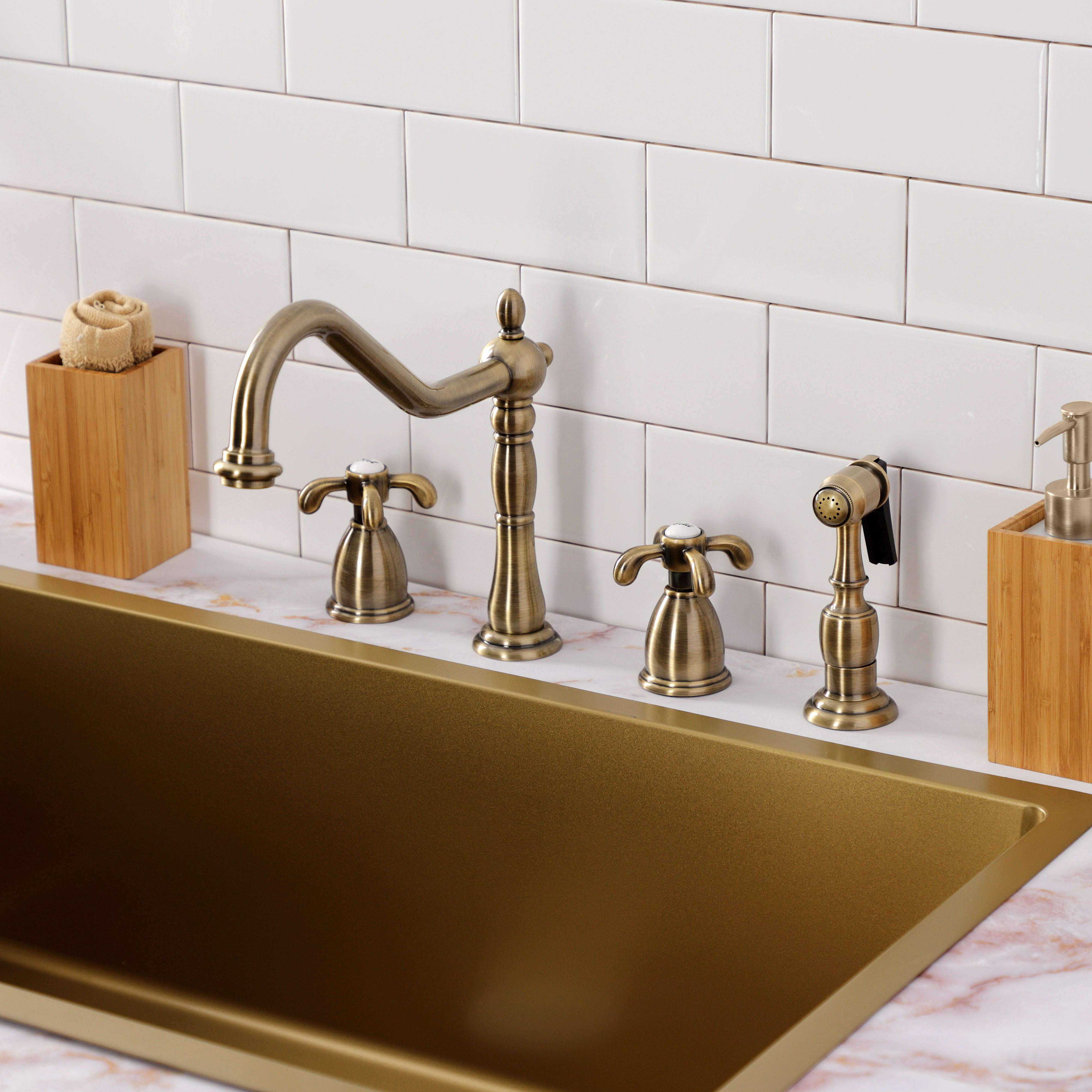 Kingston Brass KB1793TXBS French Country Double-Handle Widespread Kitchen Faucet with Brass Sprayer, Antique Brass