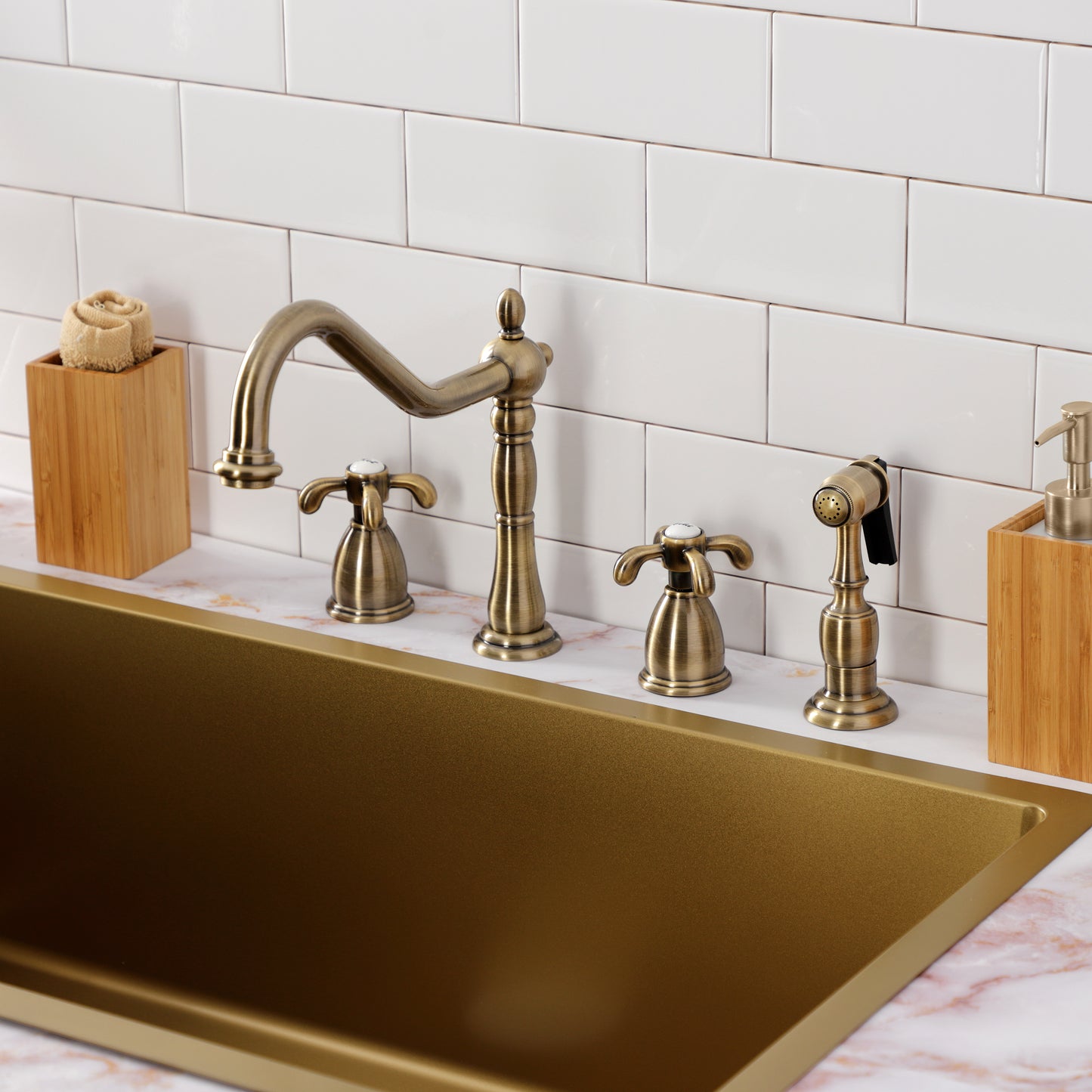 Kingston Brass KB1793TXBS French Country Double-Handle Widespread Kitchen Faucet with Brass Sprayer, Antique Brass