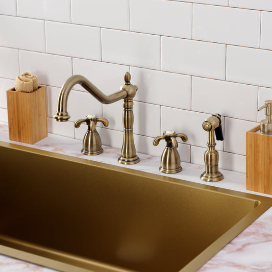 Kingston Brass KB1793TXBS French Country Double-Handle Widespread Kitchen Faucet with Brass Sprayer, Antique Brass