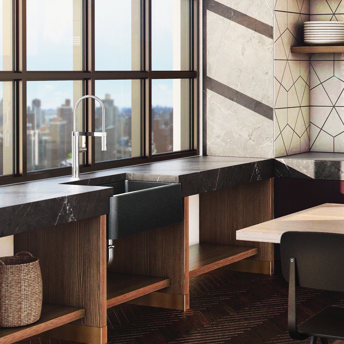 Modern kitchen featuring the BLANCO Ikon SILGRANIT 30" Single Bowl Apron-Front Farmhouse Sink and sleek countertop design.