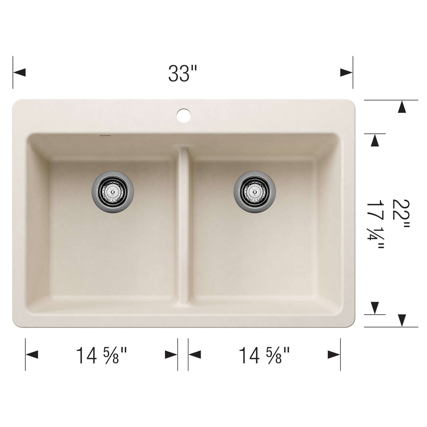 BLANCO Liven SILGRANIT 33" 50/50 Double Bowl Dual Mount Kitchen Sink with Low Divide dimensions and design features
