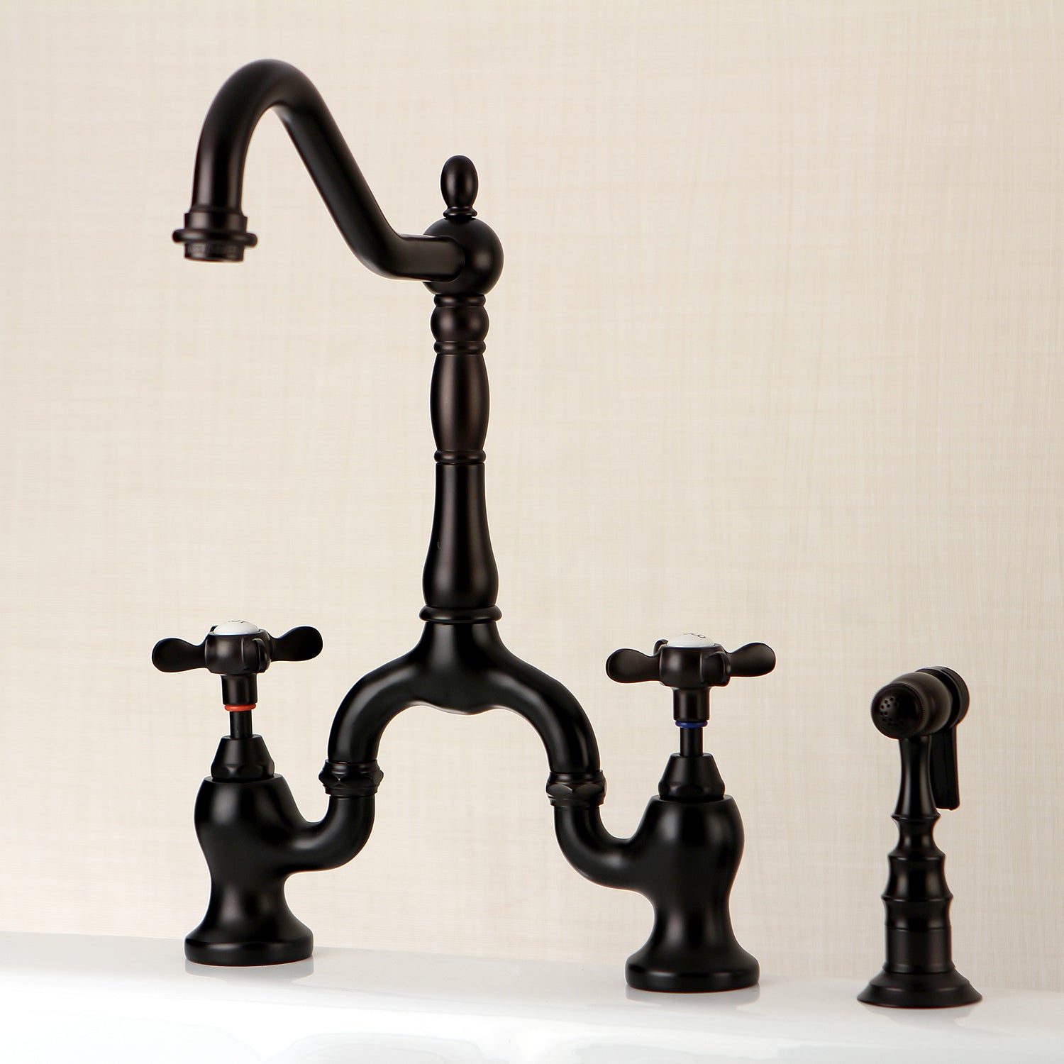 Kingston KS7758BEXBS Essex Bridge Kitchen Faucet with Brass Sprayer, Brushed Nickel