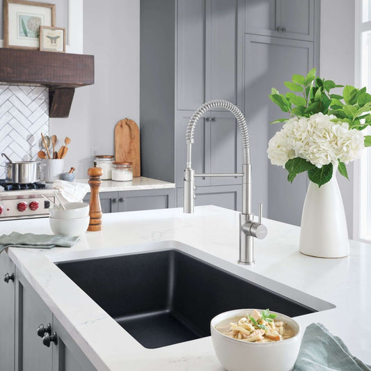 BLANCO Liven SILGRANIT 33" Super Single Dual Mount Kitchen Sink in modern kitchen with stylish faucet and decor.