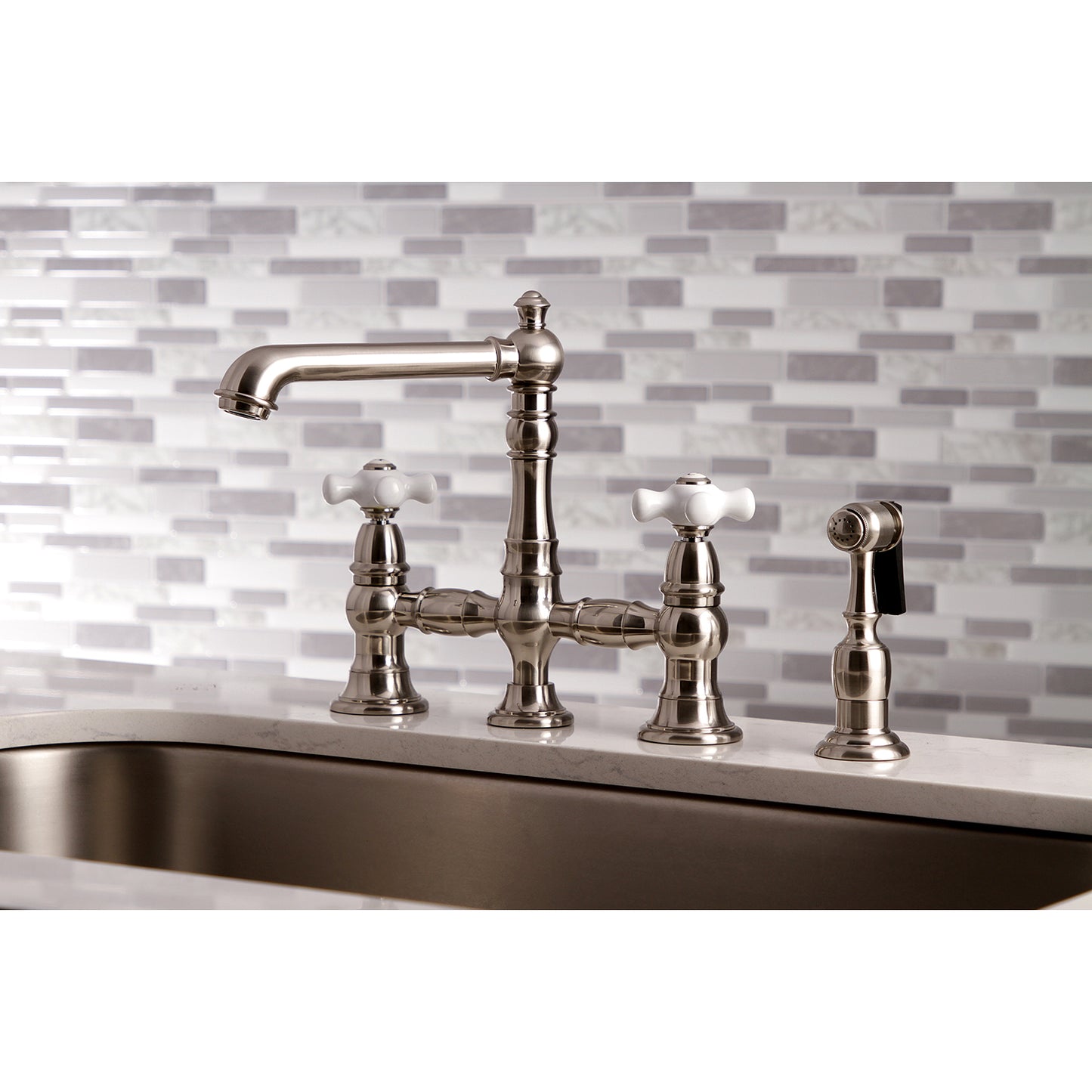 Kingston KS7277PXBS English Country Bridge Kitchen Faucet with Brass Sprayer, Brushed Brass