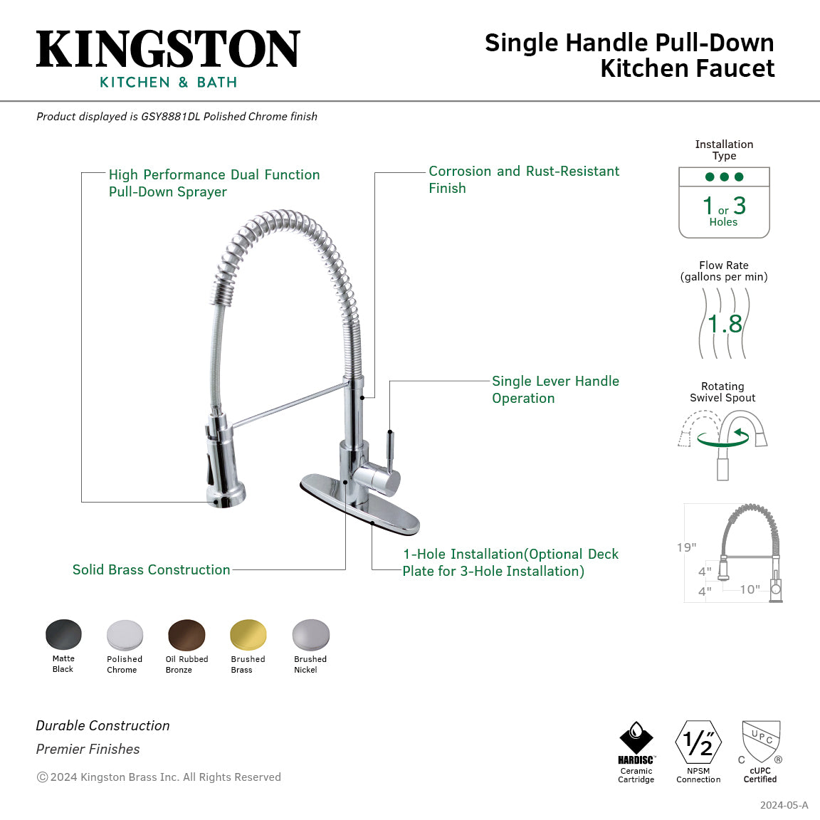 Gourmetier GSY8887DL Concord Single-Handle Deck-Mount Pre-Rinse Kitchen Faucet, Brushed Brass features.