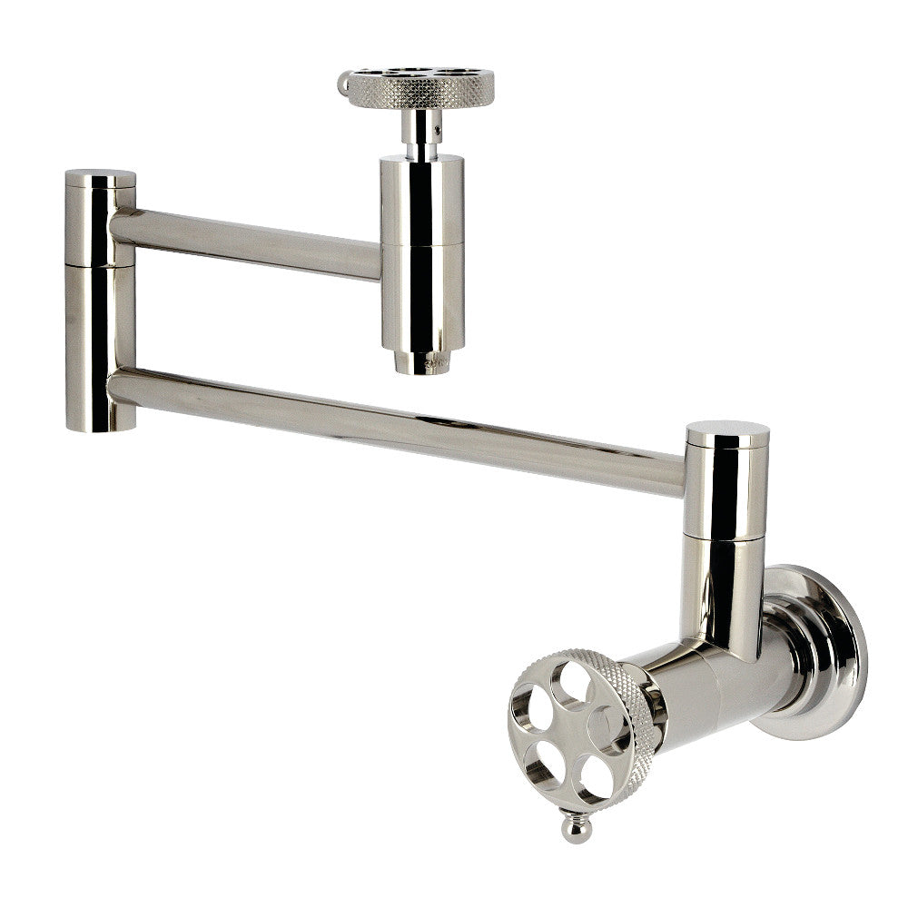 Kingston Brass KS8103RKX Webb Wall Mount Pot Filler Faucet with Knurled Handle, Antique Brass in polished nickel finish