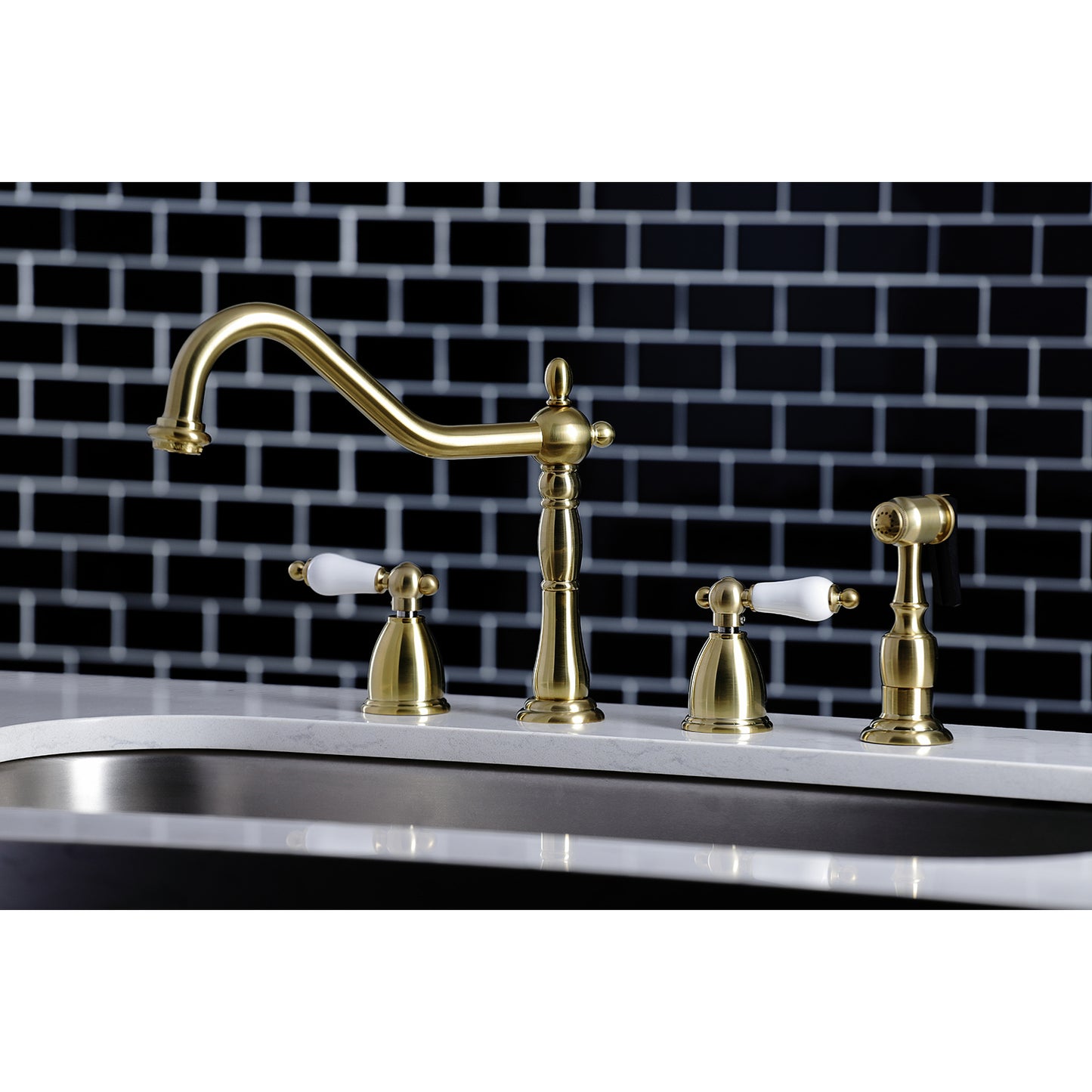 Kingston Brass KB1793PLBS Heritage Double-Handle Widespread Kitchen Faucet with Brass Sprayer, Antique Brass