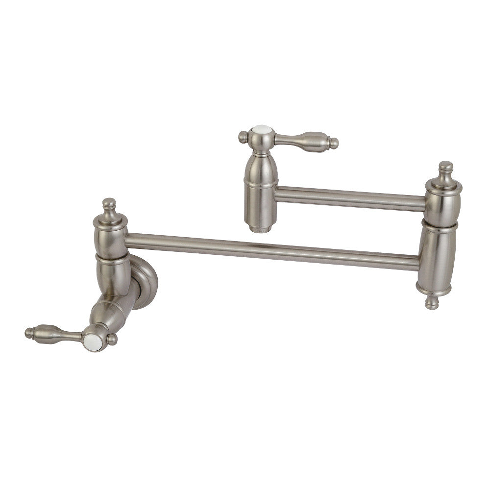 Kingston Brass KS3103TAL Tudor Wall Mount Pot Filler Faucet, Antique Brass in brushed nickel finish.