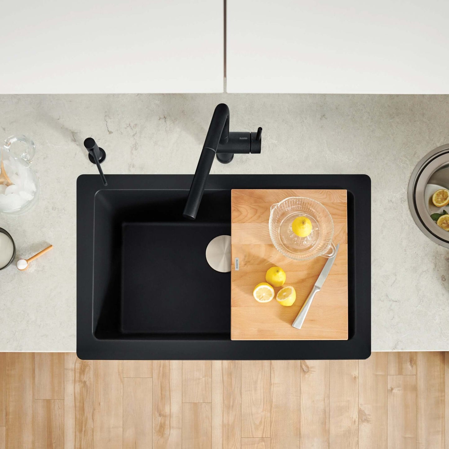 BLANCO VINTERA 30" SILGRANIT Single Bowl Farmhouse Sink with wooden cutting board and lemons