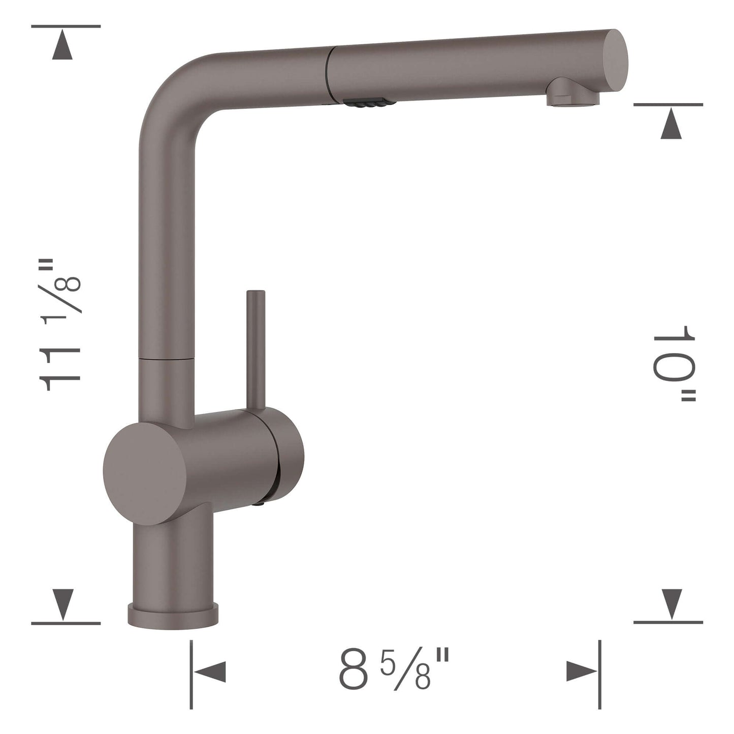 BLANCO Linus Low Arc Pull-Out Dual-Spray Kitchen Faucet - Volcano Gray dimensions and design details.