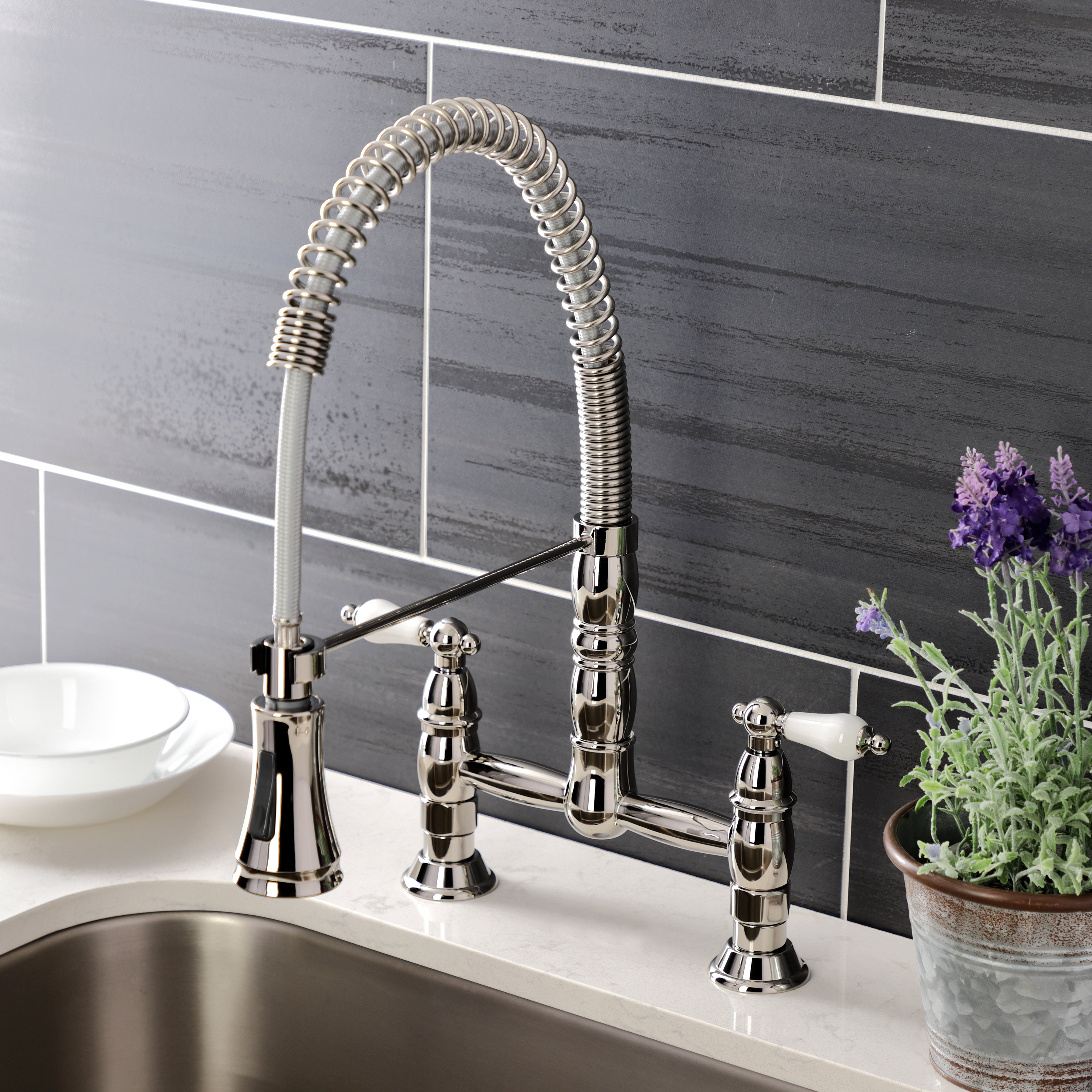 Gourmetier GS1273PL Heritage Double-Handle Deck-Mount Pre-Rinse Bridge Kitchen Faucet, Antique Brass