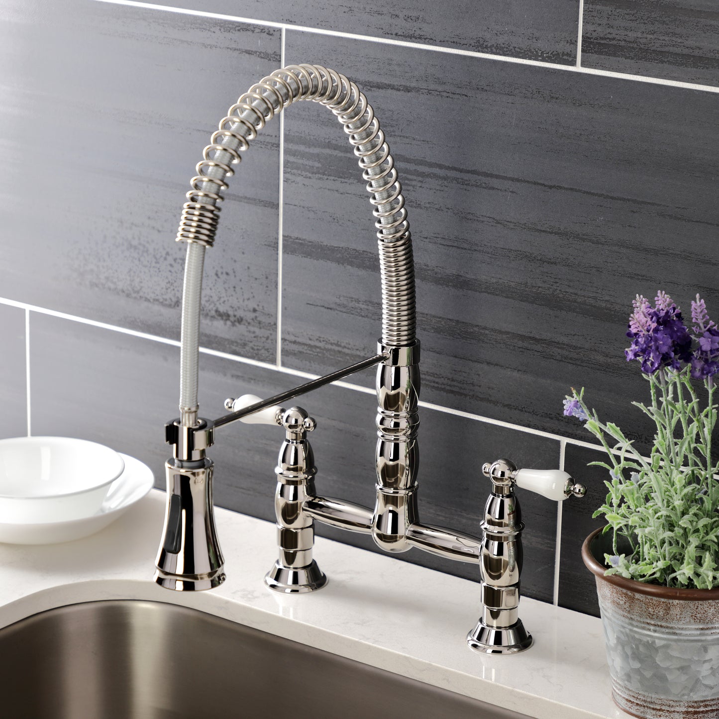 Gourmetier GS1273PL Heritage Double-Handle Deck-Mount Pre-Rinse Bridge Kitchen Faucet, Antique Brass