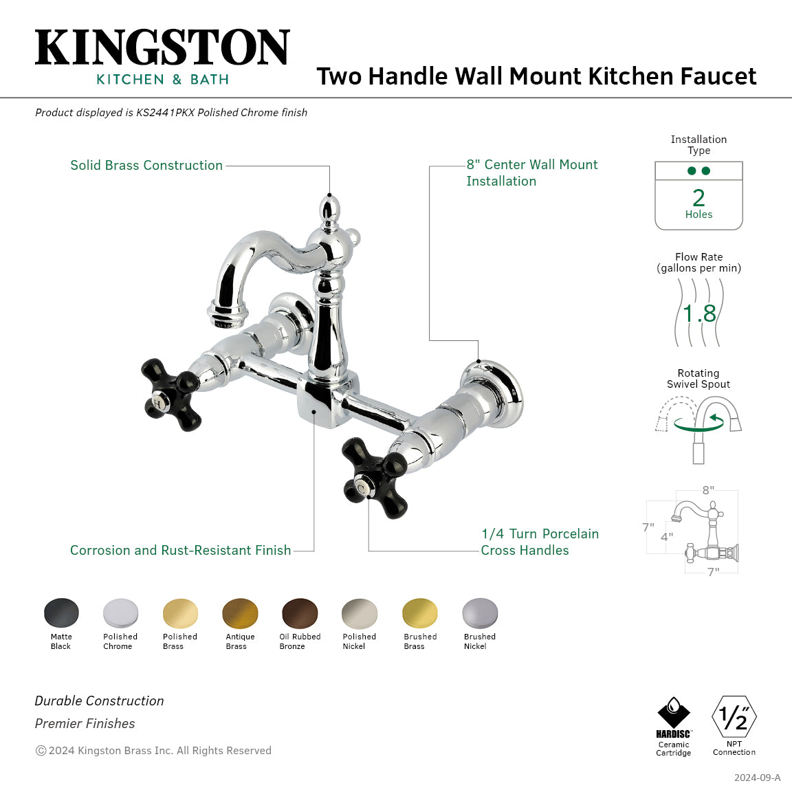 Kingston KS2443PKX Duchess Two-Handle Wall Mount Bridge Kitchen Faucet, Antique Brass with dual cross handles.