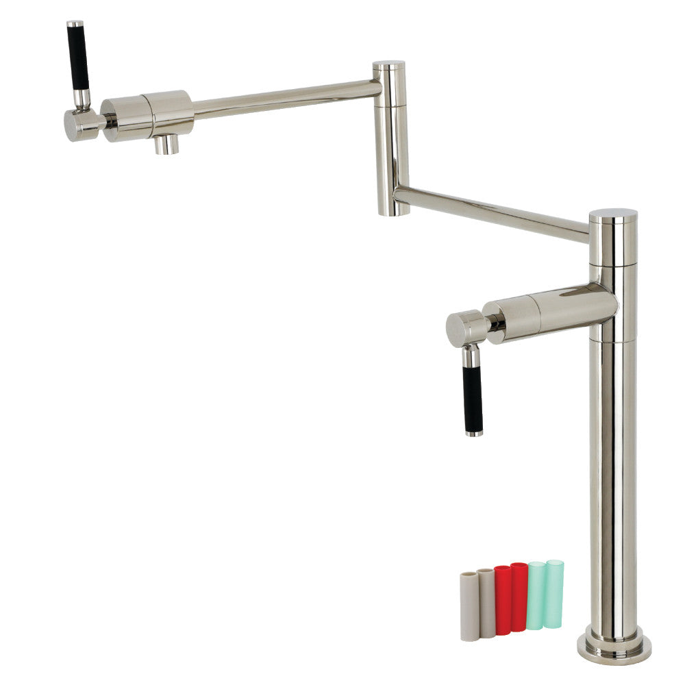 Kingston Brass KS4703DKL Kaiser Deck Mount Pot Filler Faucet, Antique Brass with black handles and polished nickel finish