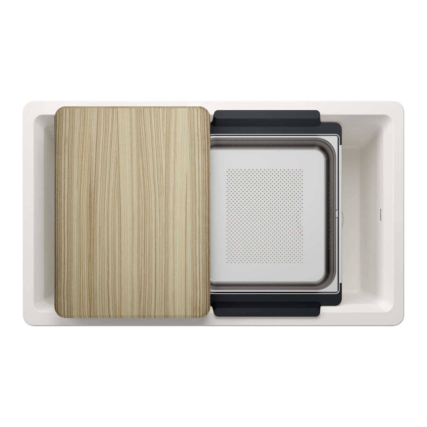 BLANCO Inteos SILGRANIT 33" Single Bowl Reversible Undermount Workstation Kitchen Sink with wood cutting board and colander.