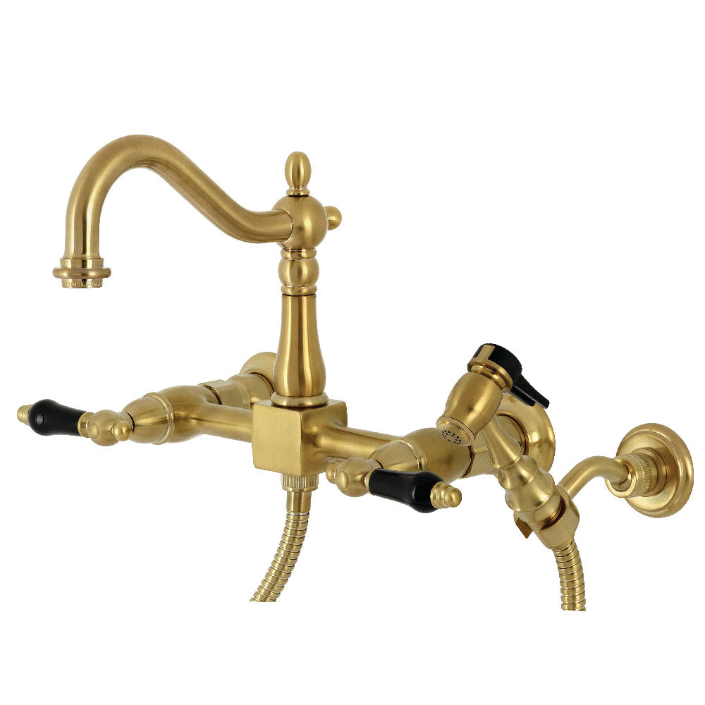 Kingston KS1263PKLBS Duchess Two-Handle Wall Mount Bridge Kitchen Faucet with Brass Sprayer, Antique Brass