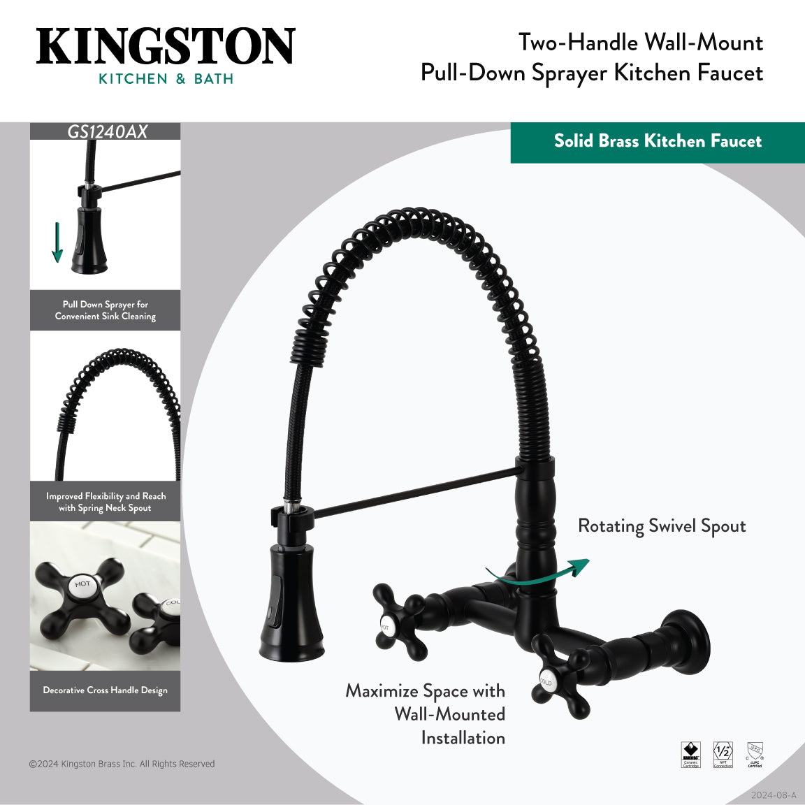 Gourmetier GS1243AX Heritage Double-Handle Wall-Mount Pre-Rinse Bridge Kitchen Faucet, Antique Brass.